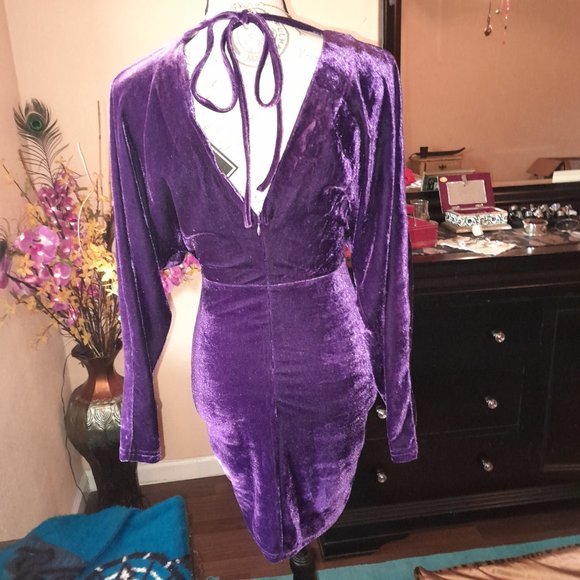 NWT Bridge Violet Velvet Open Back Tie Long Sleeve Zip Dolman Sleeve Party Dress - Picture 6 of 14